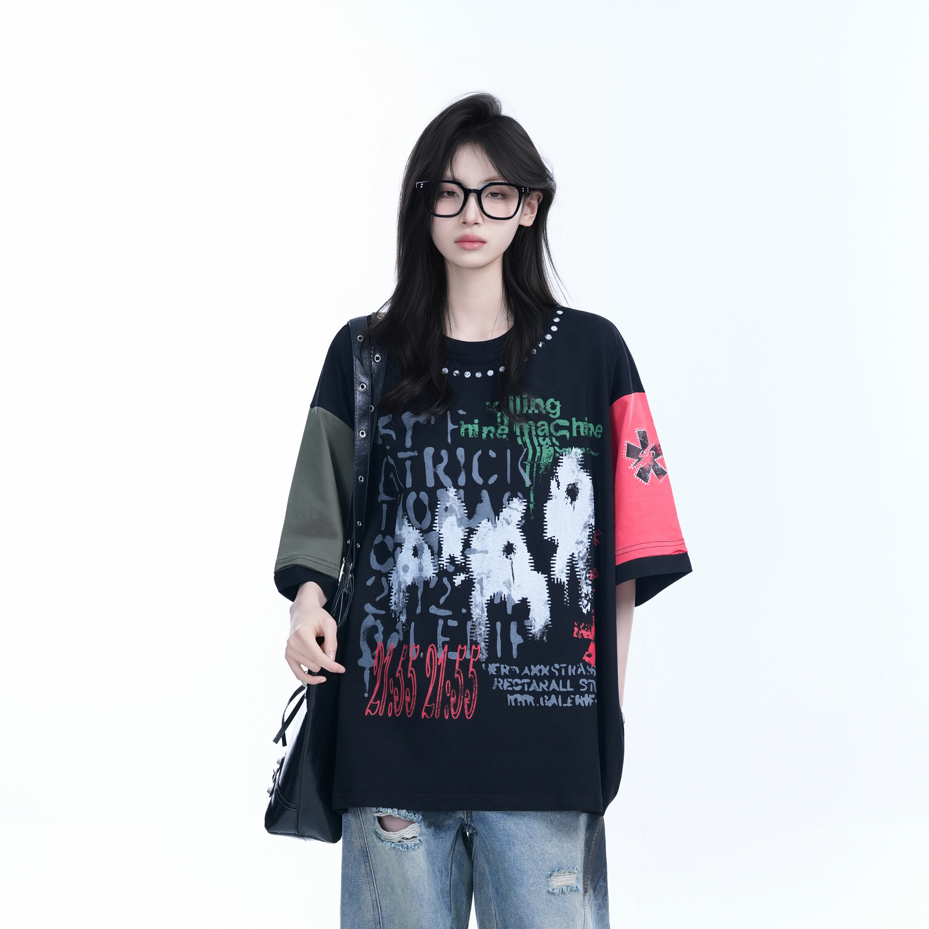 Color-Block Graffiti T-Shirt for Women - American Industrial Style, Loose Fit Short Sleeve, Trendy Streetwear Design