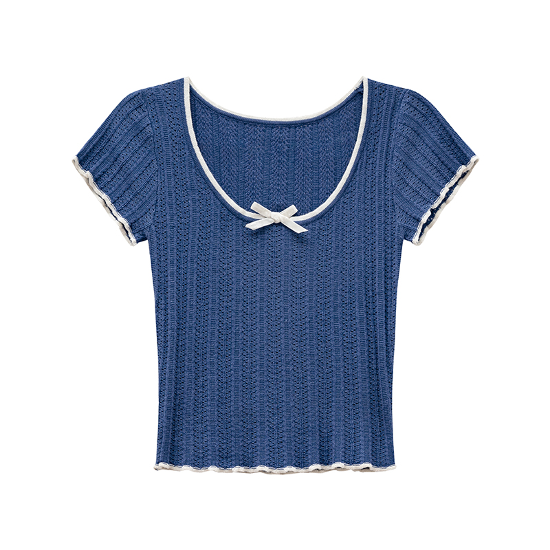 Color-Block Knitted Short-Sleeve T-Shirt for Women - Slim Fit Cropped Top, American Style Summer 2025 Fashion