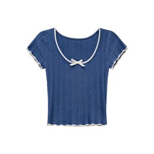 Color-Block Knitted Short-Sleeve T-Shirt for Women - Slim Fit Cropped Top, American Style Summer 2025 Fashion