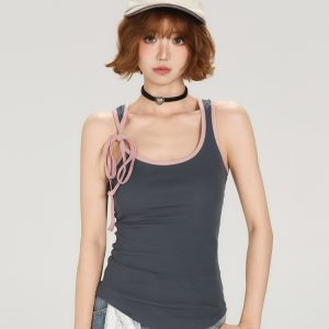 Color-Block Lace-Up Vest for Women - American Retro Summer Slim Fit Top, Flattering Outerwear, 90s Inspired Fashion