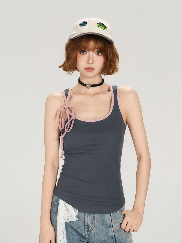 Color-Block Lace-Up Vest for Women - American Retro Summer Slim Fit Top, Flattering Outerwear, 90s Inspired Fashion Color-Block Lace-Up Vest for Women - American Retro Summer Slim Fit Top, Flattering Outerwear, 90s Inspired Fashion