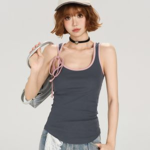Color-Block Lace-Up Vest for Women - American Retro Summer Slim Fit Top, Flattering Outerwear, 90s Inspired Fashion