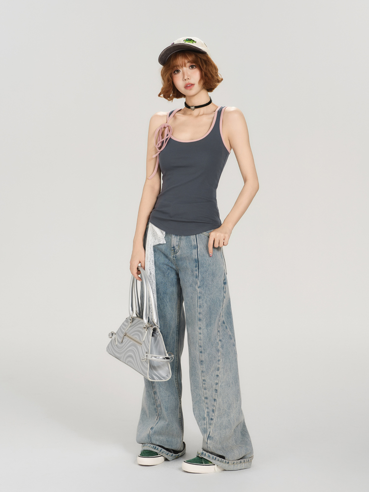 Color-Block Lace-Up Vest for Women - American Retro Summer Slim Fit Top, Flattering Outerwear, 90s Inspired Fashion Color-Block Lace-Up Vest for Women - American Retro Summer Slim Fit Top, Flattering Outerwear, 90s Inspired Fashion