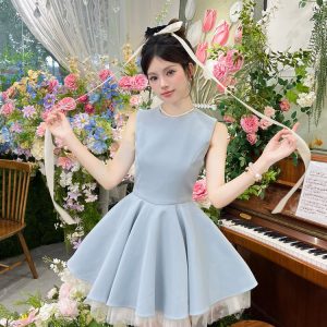 Color-Block Mesh Sleeveless French Hepburn-Style Puff Skirt Ballet Dress for Noble Ladies - Elegant Waist-Cinching Design