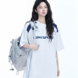 Color-Block Oversized Short Sleeve T-Shirt for Women - Casual Summer Style, American Trend, Loose Fit, Y2K Inspired