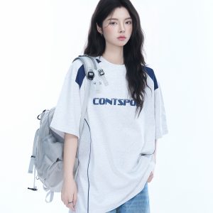 Color-Block Oversized Short Sleeve T-Shirt for Women - Casual Summer Style, American Trend, Loose Fit, Y2K Inspired