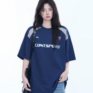 Color-Block Oversized Short Sleeve T-Shirt for Women - Casual Summer Style, American Trend, Loose Fit, Y2K Inspired