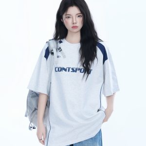 Color-Block Oversized Short Sleeve T-Shirt for Women - Casual Summer Style, American Trend, Loose Fit, Y2K Inspired