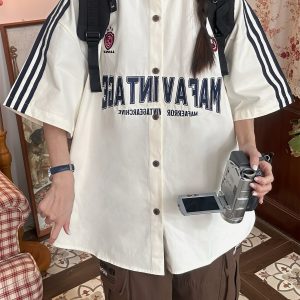 Color Block Plaid Short Sleeve Shirt for Men and Women - Vintage Summer College Style Embroidered Polo Top