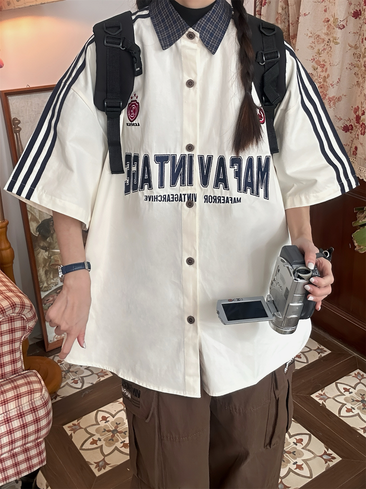 Color Block Plaid Short Sleeve Shirt for Men and Women - Vintage Summer College Style Embroidered Polo Top