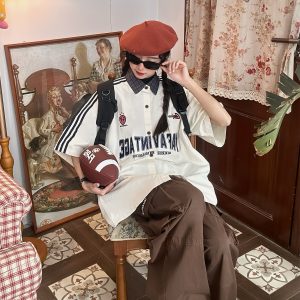 Color Block Plaid Short Sleeve Shirt for Men and Women - Vintage Summer College Style Embroidered Polo Top