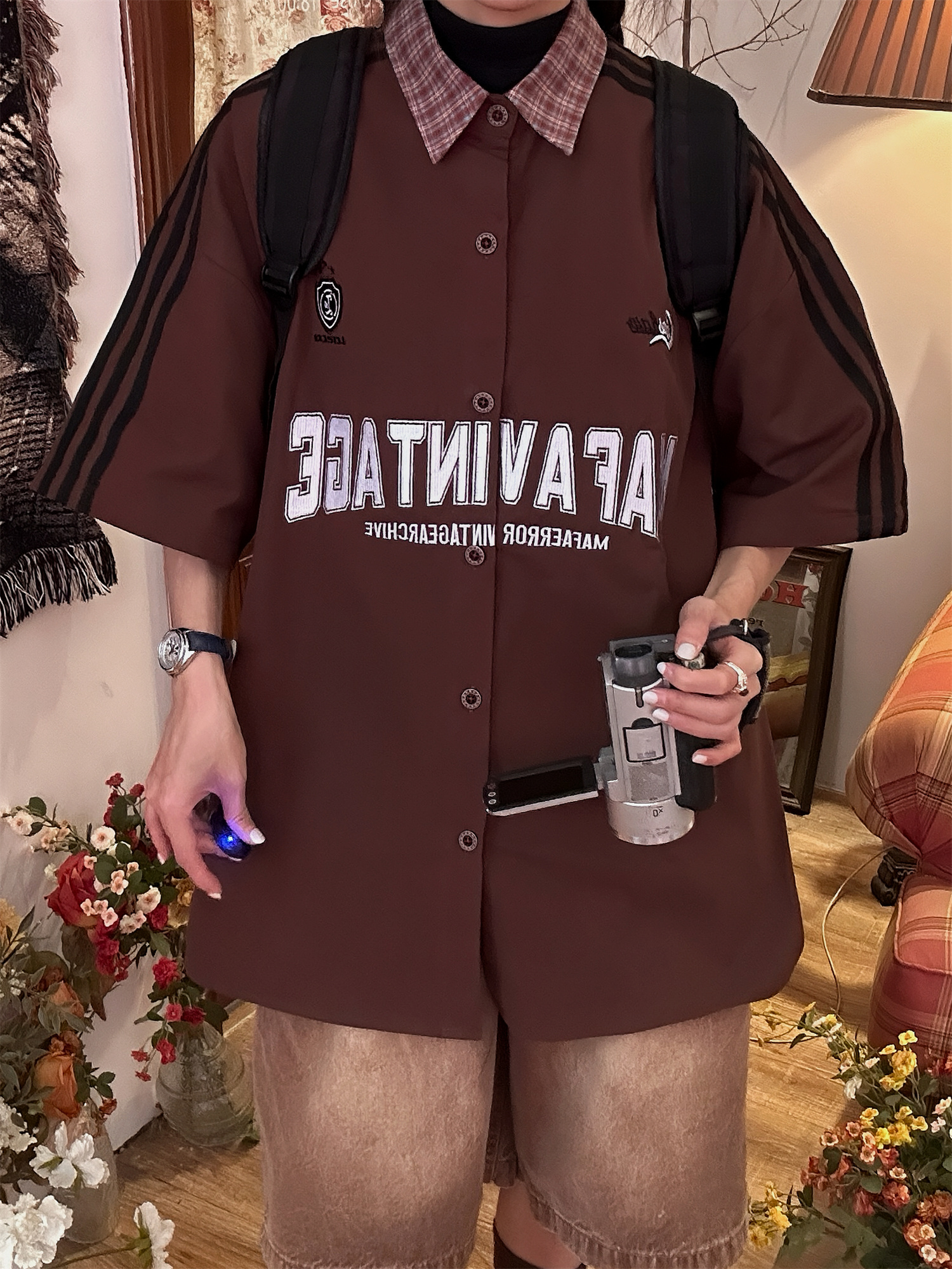 Color Block Plaid Short Sleeve Shirt for Men and Women - Vintage Summer College Style Embroidered Polo Top