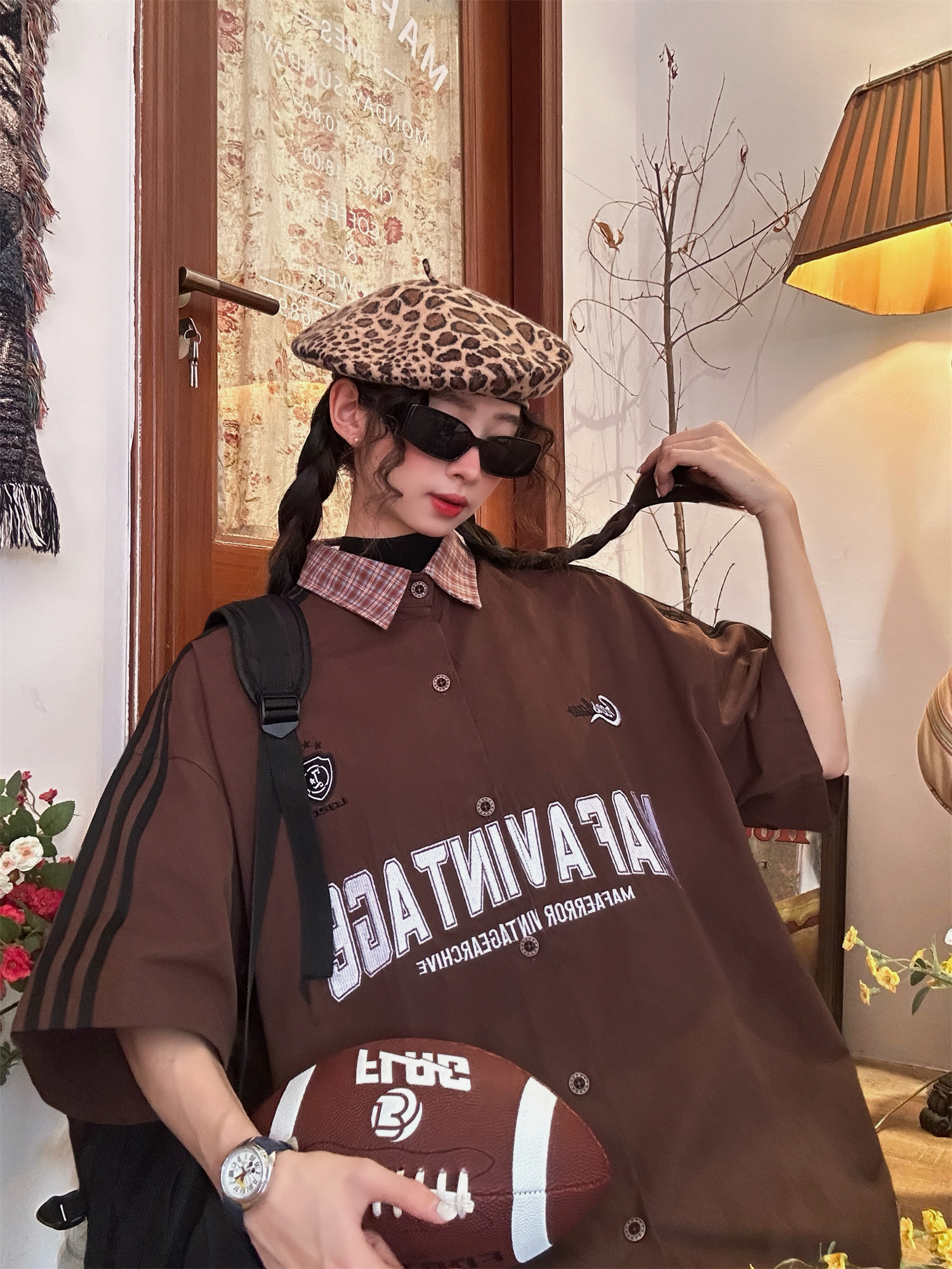 Color Block Plaid Short Sleeve Shirt for Men and Women - Vintage Summer College Style Embroidered Polo Top