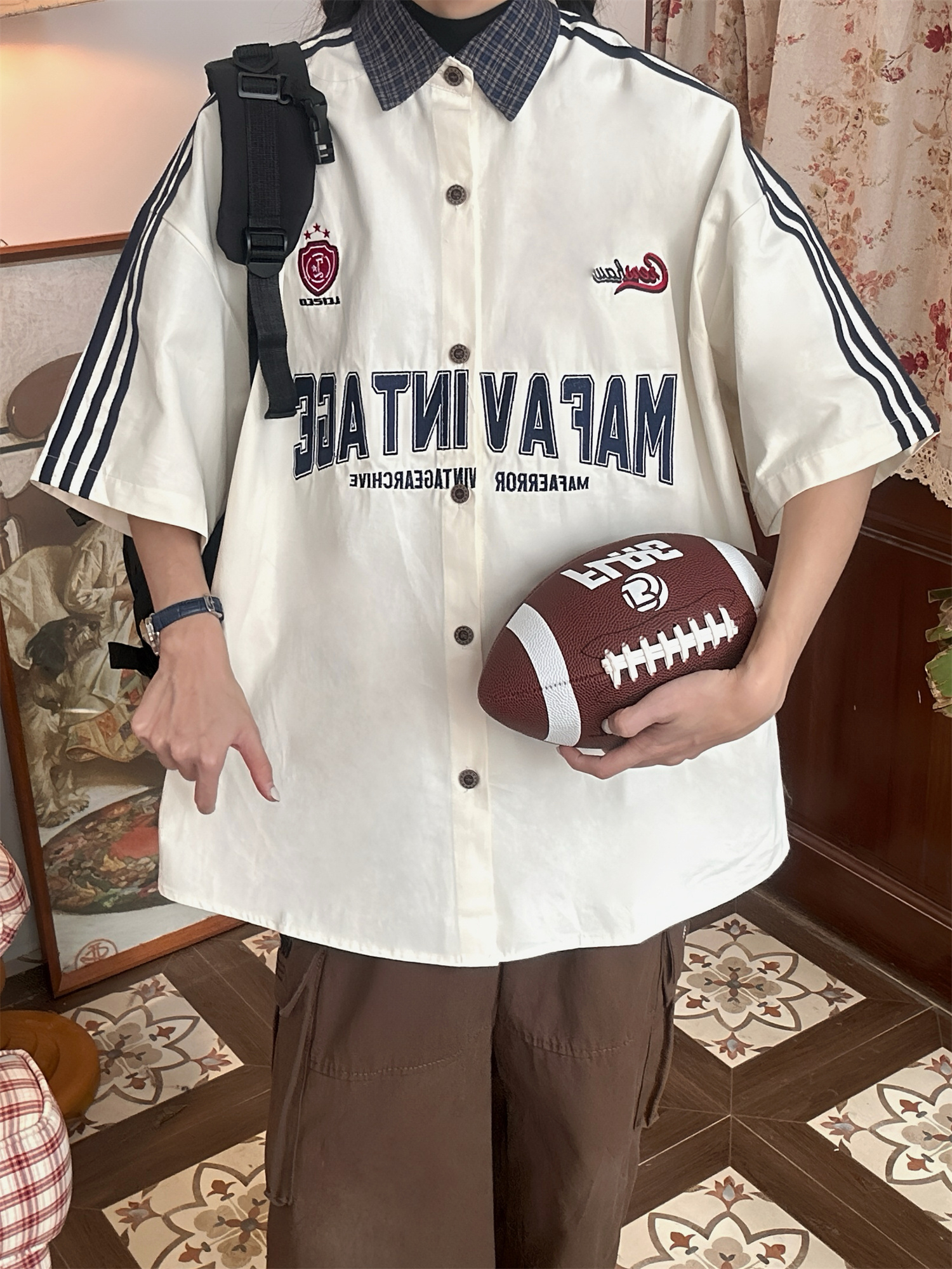 Color Block Plaid Short Sleeve Shirt for Men and Women - Vintage Summer College Style Embroidered Polo Top