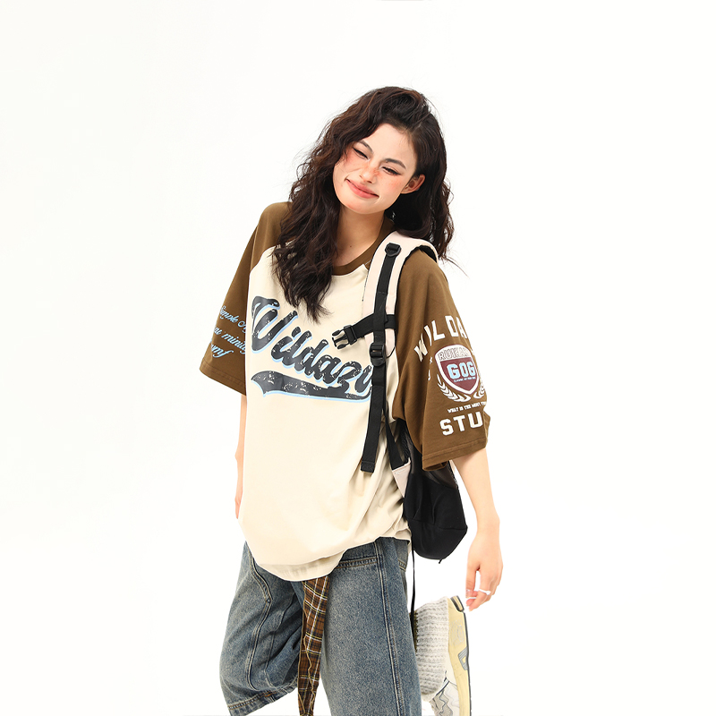 Color Block Raglan Sleeve Short Sleeve T-Shirt for Men and Women - Vintage American Style Loose Fit Couple Top Color Block Raglan Sleeve Short Sleeve T-Shirt for Men and Women - Vintage American Style Loose Fit Couple Top