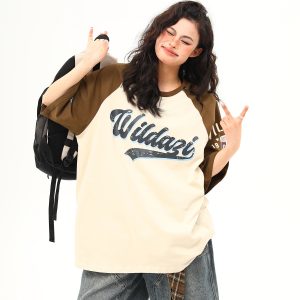 Color Block Raglan Sleeve Short Sleeve T-Shirt for Men and Women - Vintage American Style Loose Fit Couple Top