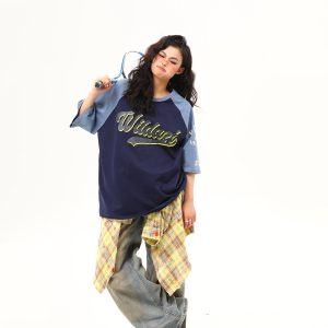 Color Block Raglan Sleeve Short Sleeve T-Shirt for Men and Women - Vintage American Style Loose Fit Couple Top