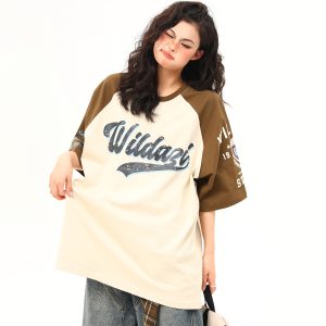 Color Block Raglan Sleeve Short Sleeve T-Shirt for Men and Women - Vintage American Style Loose Fit Couple Top