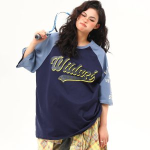 Color Block Raglan Sleeve Short Sleeve T-Shirt for Men and Women - Vintage American Style Loose Fit Couple Top