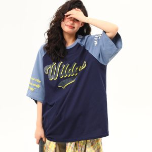 Color Block Raglan Sleeve Short Sleeve T-Shirt for Men and Women - Vintage American Style Loose Fit Couple Top