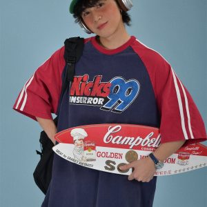 Color-Block Retro Sports Short Sleeve T-Shirt for Summer - Loose Fit Distressed Double Stripe Trendy Style