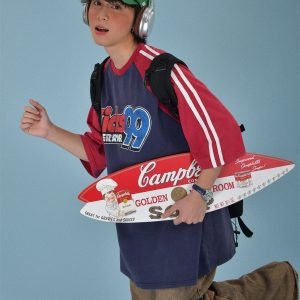 Color-Block Retro Sports Short Sleeve T-Shirt for Summer - Loose Fit Distressed Double Stripe Trendy Style