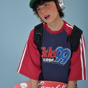 Color-Block Retro Sports Short Sleeve T-Shirt for Summer - Loose Fit Distressed Double Stripe Trendy Style