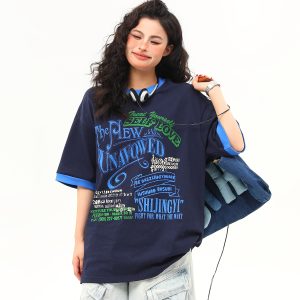 Color Block Round Neck Short Sleeve T-Shirt for Women - Vintage American Style Summer Top, Trendy 90s Inspired Fashion