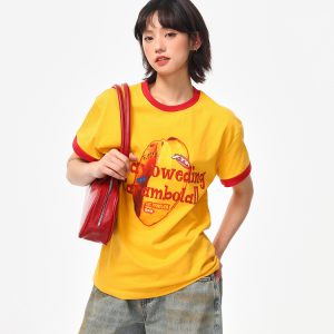 Color-Block Round Neck T-Shirt for Women - American Retro Style, Boxy Fit, Trendy Print, Ginger Yellow Short Sleeves