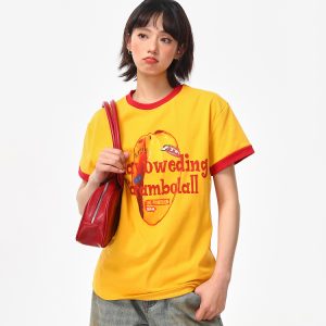 Color-Block Round Neck T-Shirt for Women - American Retro Style, Boxy Fit, Trendy Print, Ginger Yellow Short Sleeves