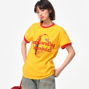 Color-Block Round Neck T-Shirt for Women - American Retro Style, Boxy Fit, Trendy Print, Ginger Yellow Short Sleeves