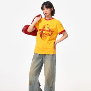 Color-Block Round Neck T-Shirt for Women - American Retro Style, Boxy Fit, Trendy Print, Ginger Yellow Short Sleeves