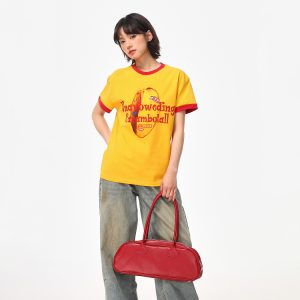 Color-Block Round Neck T-Shirt for Women - American Retro Style, Boxy Fit, Trendy Print, Ginger Yellow Short Sleeves