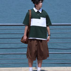 Color-Block Short Sleeve Polo Shirt for Men, Versatile Japanese Style T-Shirt, Summer Fashion, Casual 90s Inspired Top