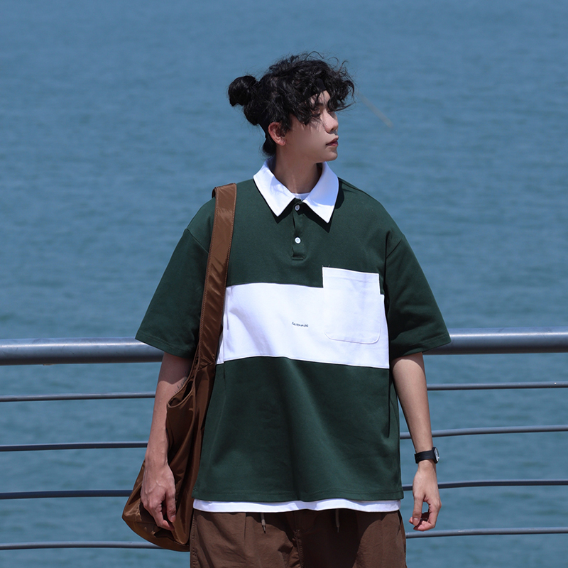 Color-Block Short Sleeve Polo Shirt for Men, Versatile Japanese Style T-Shirt, Summer Fashion, Casual 90s Inspired Top