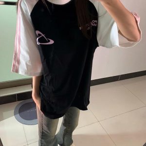 Color-Block Short Sleeve T-Shirt for Girls - Three-Stripe Raglan Design, Summer Fashion for Middle and High School Students