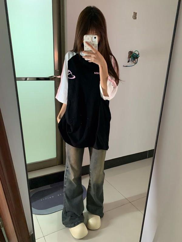 Color-Block Short Sleeve T-Shirt for Girls - Three-Stripe Raglan Design, Summer Fashion for Middle and High School Students Color-Block Short Sleeve T-Shirt for Girls - Three-Stripe Raglan Design, Summer Fashion for Middle and High School Students