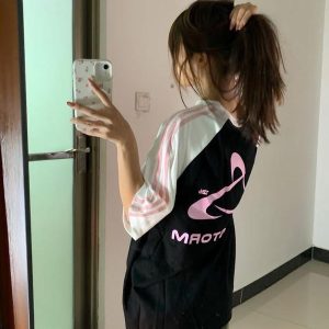 Color-Block Short Sleeve T-Shirt for Girls - Three-Stripe Raglan Design, Summer Fashion for Middle and High School Students