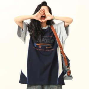 Color Block Short Sleeve T-Shirt for Men and Women - Vintage American Style Loose Couple Top for Summer