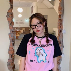 Color-Block Short Sleeve T-Shirt for Women with Shoulder Pads - Stylish Summer 2025 Blouse, Age-Reducing, Trendy Fashion Top