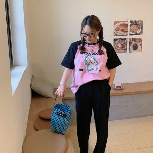 Color-Block Short Sleeve T-Shirt for Women with Shoulder Pads - Stylish Summer 2025 Blouse, Age-Reducing, Trendy Fashion Top