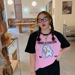 Color-Block Short Sleeve T-Shirt for Women with Shoulder Pads - Stylish Summer 2025 Blouse, Age-Reducing, Trendy Fashion Top