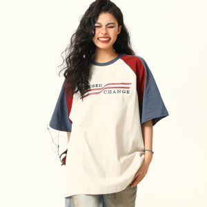 Color Block Spliced Raglan Short Sleeve T-Shirt for Couples - Vintage American Style Unisex Loose Fit Tee