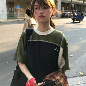 Color-Block Splicing Heavyweight Raglan T-Shirt for Women - American Retro Summer Loose Casual Top