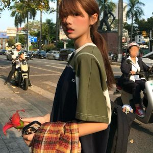 Color-Block Splicing Heavyweight Raglan T-Shirt for Women - American Retro Summer Loose Casual Top