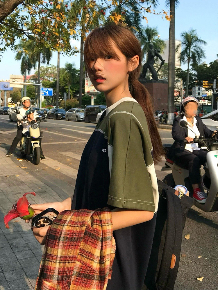 Color-Block Splicing Heavyweight Raglan T-Shirt for Women - American Retro Summer Loose Casual Top Color-Block Splicing Heavyweight Raglan T-Shirt for Women - American Retro Summer Loose Casual Top