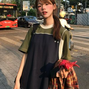 Color-Block Splicing Heavyweight Raglan T-Shirt for Women - American Retro Summer Loose Casual Top