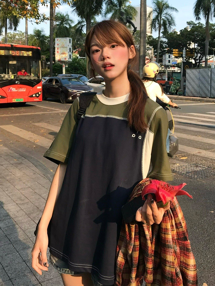 Color-Block Splicing Heavyweight Raglan T-Shirt for Women - American Retro Summer Loose Casual Top Color-Block Splicing Heavyweight Raglan T-Shirt for Women - American Retro Summer Loose Casual Top