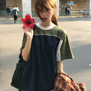 Color-Block Splicing Heavyweight Raglan T-Shirt for Women - American Retro Summer Loose Casual Top