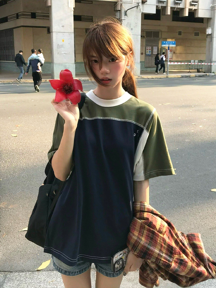 Color-Block Splicing Heavyweight Raglan T-Shirt for Women - American Retro Summer Loose Casual Top Color-Block Splicing Heavyweight Raglan T-Shirt for Women - American Retro Summer Loose Casual Top